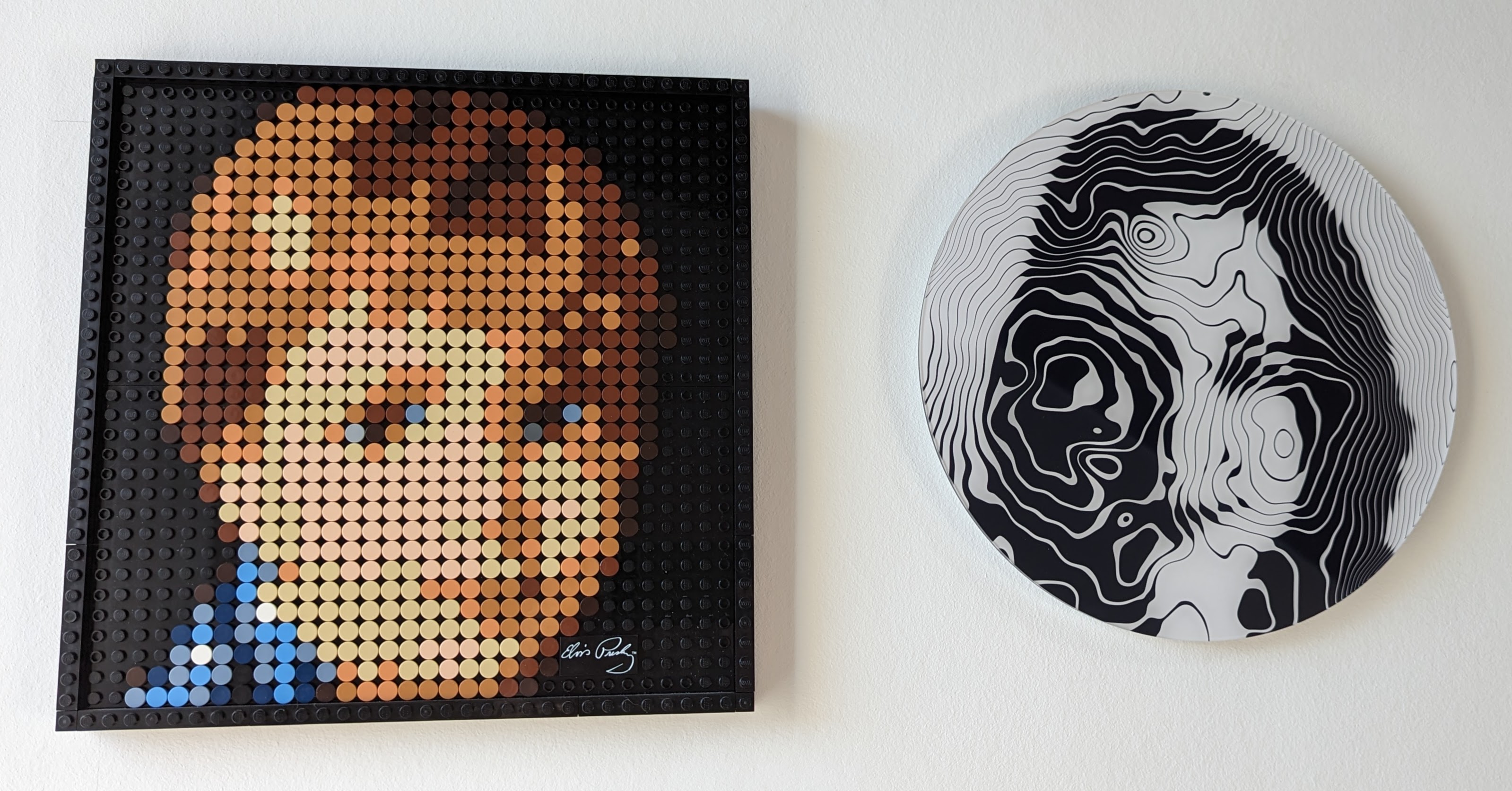 A photo of the LEGO portrait alongside my old topographic portrait I did of my wife